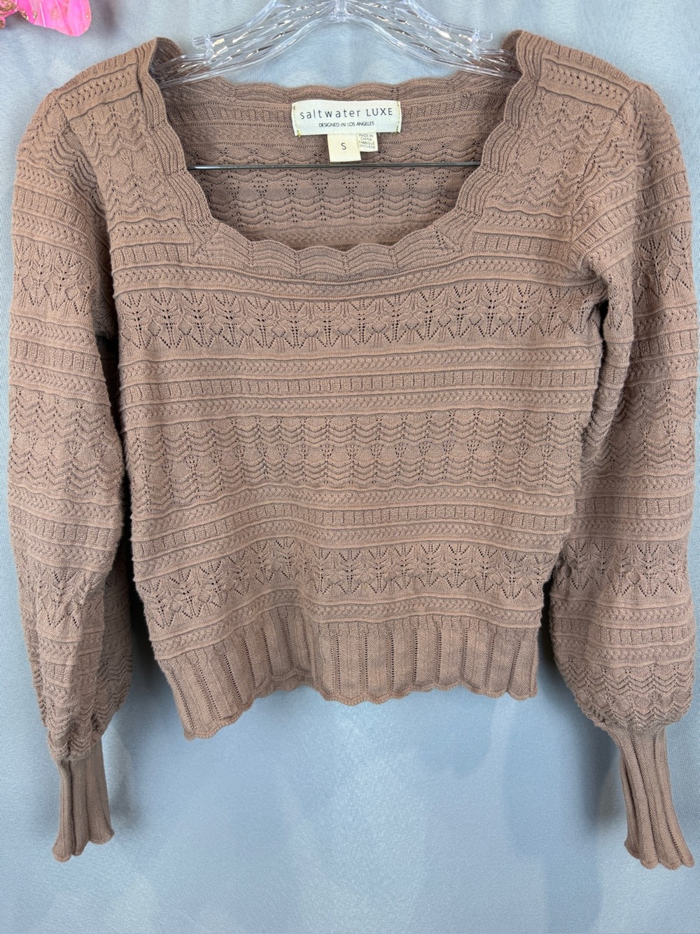 Saltwater Luxe Square Neck Pointelle Knit Sweater- Size Small